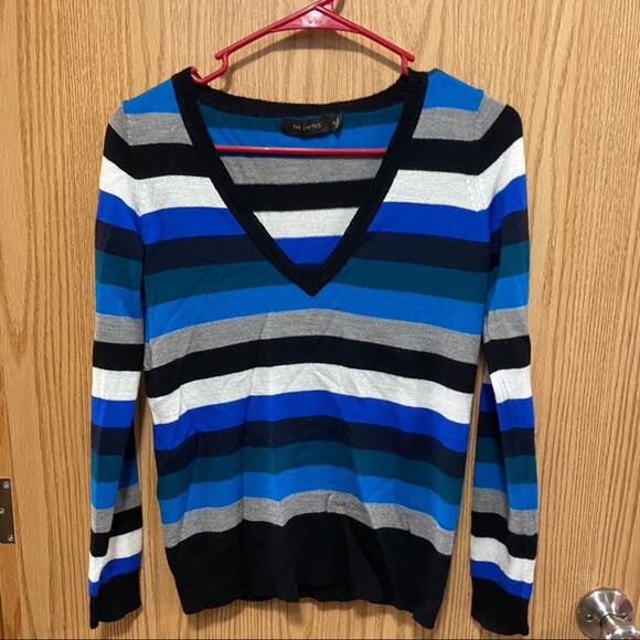 The Limited Wool Blend Striped V-Neck Sweater Women's Size Medium Blue Black - Picture 1 of 5